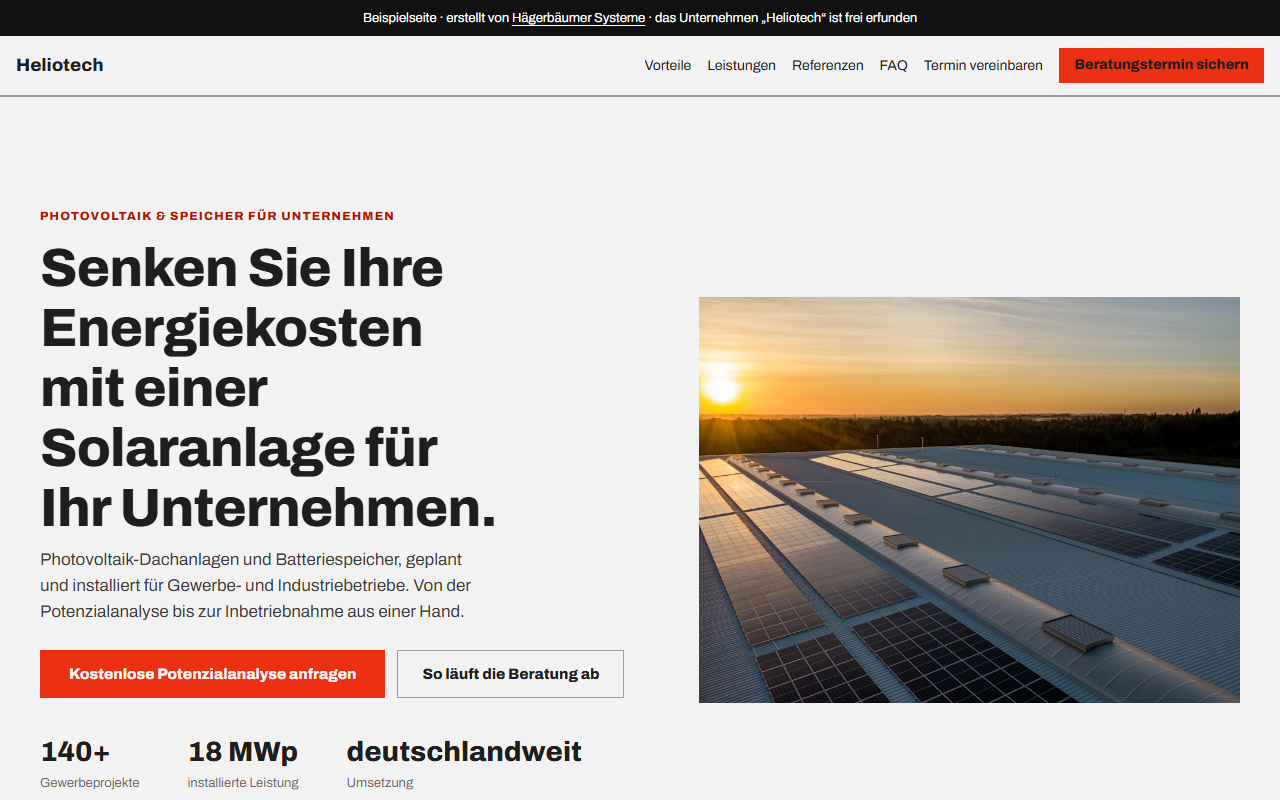 Vorschau der Test-Webseite: Startseite einer Photovoltaik-Firma